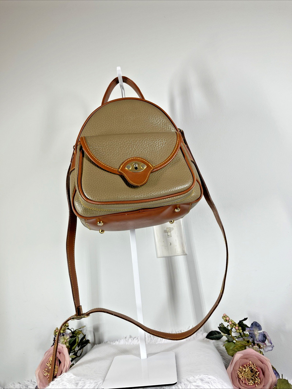 Vintage Leather Backpack Purse Taupe Brown Convertible Crossbody Shoulder Bag